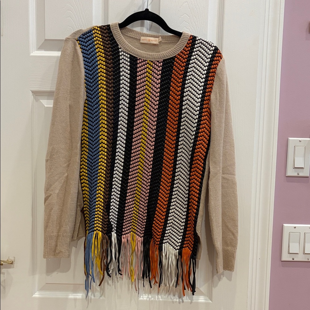 Tory Burch Multicolor Striped Fringe Sweater